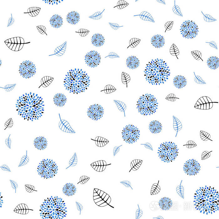 淡蓝色矢量无缝的自然图案, 叶子和花朵。闪光