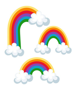 一套彩色彩虹与云。三不同的彩虹。在白色背景上隔离的矢量插图