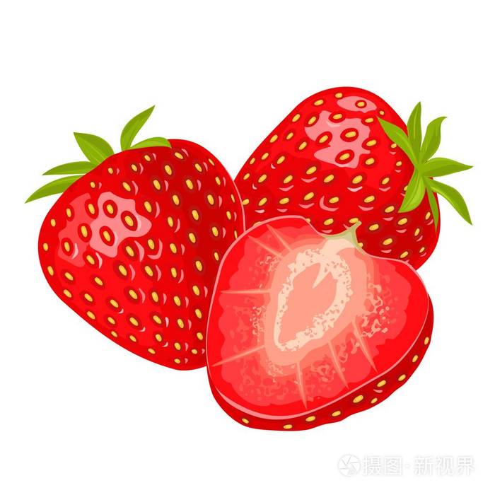 全片草莓和切片.矢量彩色平面插图, 用于菜单,海报.在