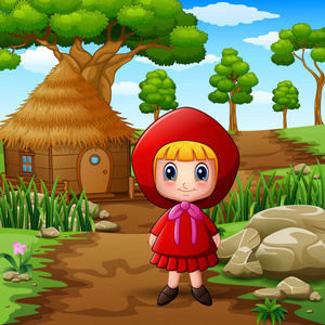 红色蒙面女孩的例证在村庄在森林里