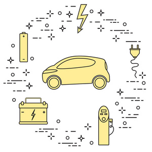 电, 蓄电池, 充电站, 电气安全标志, 电缆, 电插头。新的运输生态技术