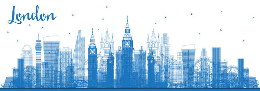 用蓝色建筑勾勒出伦敦城市天际线。矢量插图