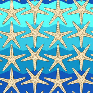 海上波浪背景下的海星无缝的颜色图案。夏季矢量背景
