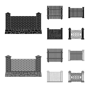 一块金属和砖块的栅栏, 木栅栏。不同的围栏集合图标在黑色, monochrom 风格矢量符号股票插画网站