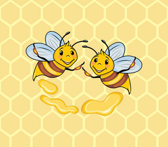蜂窝背景上的两只有趣的蜜蜂