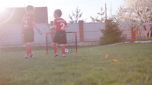 小男孩在后院的草坪上踢足球。