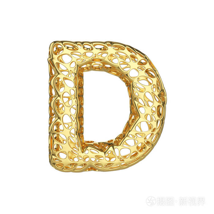 字母d 大写.黄金字体由黄色蜂窝框架组成.3d 渲染在白色背景下被隔离