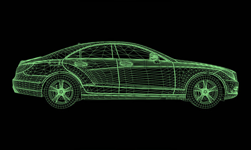 这个模型运动一辆高档轿车。黑色背景下绿色多边形三角形网格形式的矢量图解