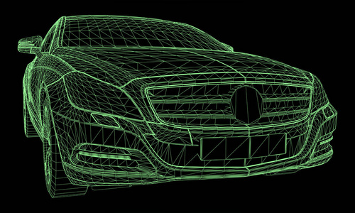 这个模型运动一辆高档轿车。黑色背景下绿色多边形三角形网格形式的矢量图解