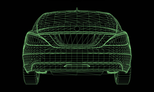这个模型运动一辆高档轿车。黑色背景下绿色多边形三角形网格形式的矢量图解