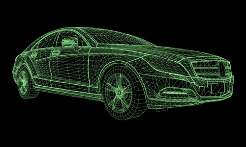 这个模型运动一辆高档轿车。黑色背景下绿色多边形三角形网格形式的矢量图解