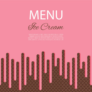 滴粉红色冰淇淋流过华夫饼纹理背景