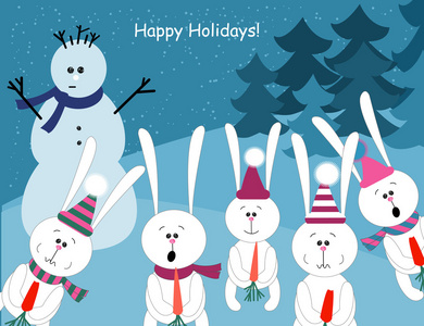 家少年可爱的兔子和一个雪人