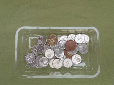 捷克克朗硬币货币 克朗, 捷克共和国的货币在一个塑料盒