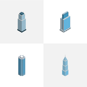 建筑住宅商务中心等矢量对象的等轴摩天大楼集。还包括摩天大楼, 公寓, 塔元素