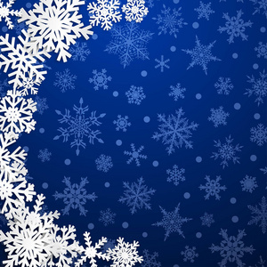 蓝色背景下带有阴影的大白色雪花的半圆形圣诞插图