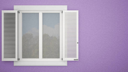 带有百叶窗的白色窗户的外部石膏墙, 花园反射, 柔和的紫罗兰色背景与拷贝空间, 建筑学设计概念