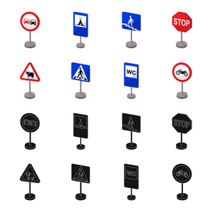 不同类型的路标黑色, 卡通图标在集合中进行设计。警告和禁止标志矢量符号股票 web 插图