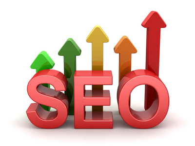 Seo 文本与彩色箭头, 这是一个3d 渲染计算机生成的图像。在白色上隔离插画