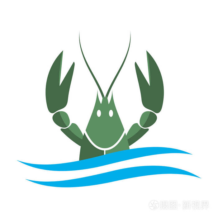 小龙虾标志.绿河龙虾, 小龙虾或甲壳类佳肴, 在白色背景下分离.