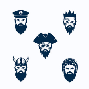 一套矢量男人脸上的剪影。战士, 上尉, 海盗, 国王和骑自行车的胡子面孔。抽象标志体育团队标志或徽标模板