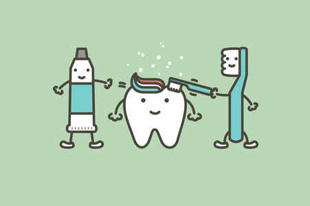 牙刷和牙膏正刷牙到健康的白牙牙科卡通矢量扁平式设计的可爱字符