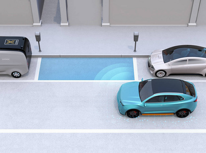 自主 Suv 是平行泊车到停车场在路边。智能停车辅助系统的概念。3d 渲染图像