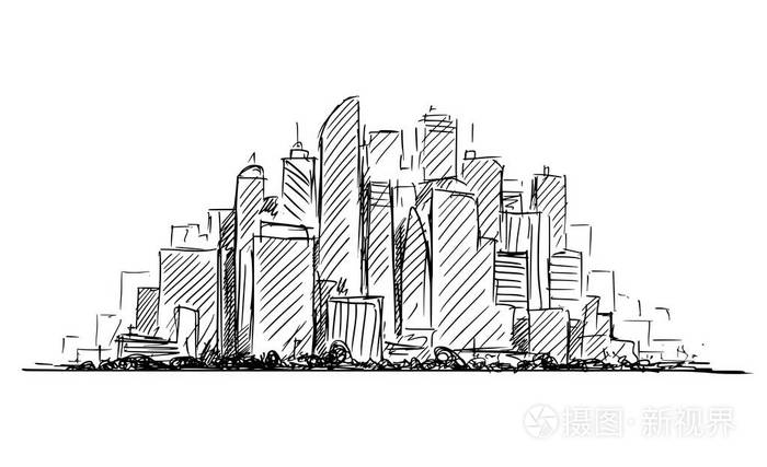 普通城市高层建筑景观与摩天大楼的矢量艺术素描插画