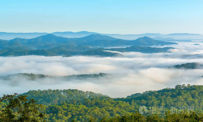 景观晨雾笼罩山谷像云漂浮在美妙的田园高地的