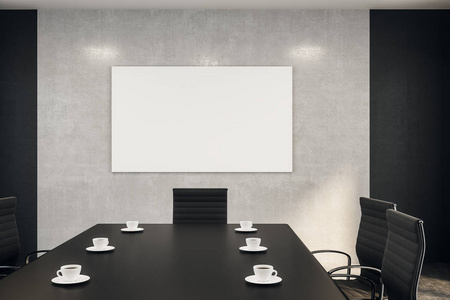 会议室内有黑色会议桌和咖啡的空白白色海报。3d 渲染