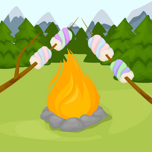 篝火与棉花糖野营, 燃烧柴垛火焰火背景矢量插图