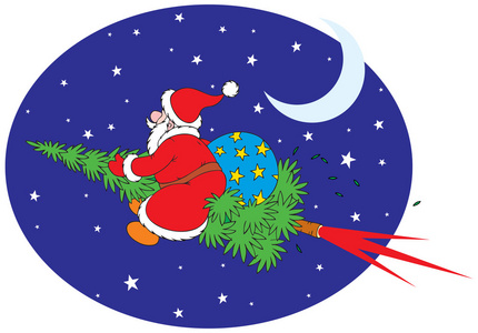 圣诞老人与圣诞节的杉树上飞介绍了整个夜晚的天空
