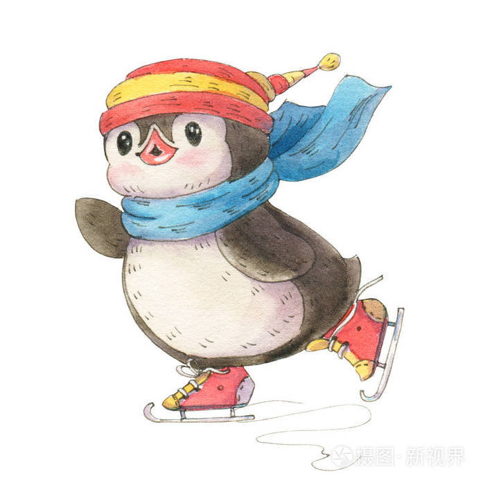 冬季插图与滑稽卡通企鹅在一个白色背景上的溜冰鞋孤立.水彩和墨水画