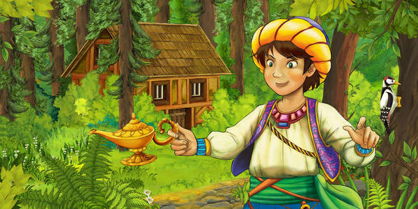 卡通场景与快乐侏儒在森林附近的木房子插图儿童