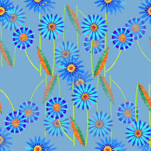 蓝 spase 花的彩色铅笔。蓝色背景上的神秘花卉无缝图案