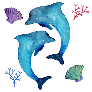 水彩海豚和海洋居民, 在白色背景下隔离。手绘插图
