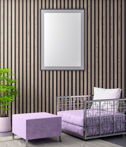 模拟海报框架在时髦的内部背景粉红色的颜色和木墙木板, 3d 插图