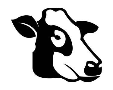 牛头程式化符号, 牛肖像。农场动物, 牛的剪影。会徽, 标志或设计标签。矢量插图