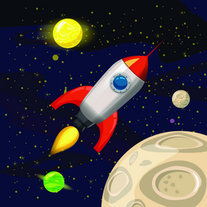 太空火箭发射, 宇宙飞船, 空间背景, 卡通风格, 矢量插图
