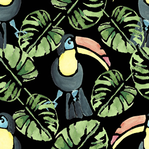 水彩热带鸟巨嘴鸟和棕榈叶。手绘无缝图案的时尚面料, 版画, 纺织品, 墙纸, 家居装饰, 室内