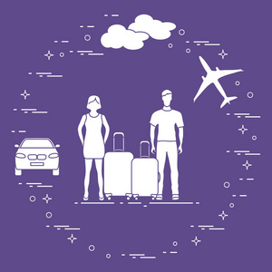 男人和女人的手提箱, 飞机, 云, 汽车。暑假时间, 假期。休闲