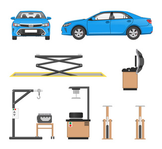汽车修理和蓝色轿车的一套工具