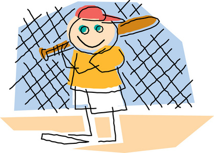 一个小男孩玩棒球，站在基地的纯稚绘图