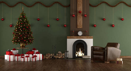 绿色的房间与圣诞树, 壁炉和真皮扶手椅3d 渲染