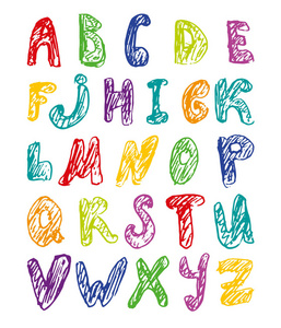手绘彩色字母表。儿童信函仿制