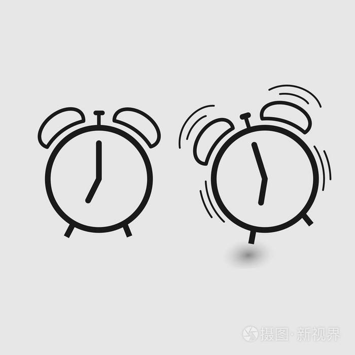 闹钟矢量图标在灰色背景下隔离, 线条轮廓简洁, 闹钟响图标现代设计.