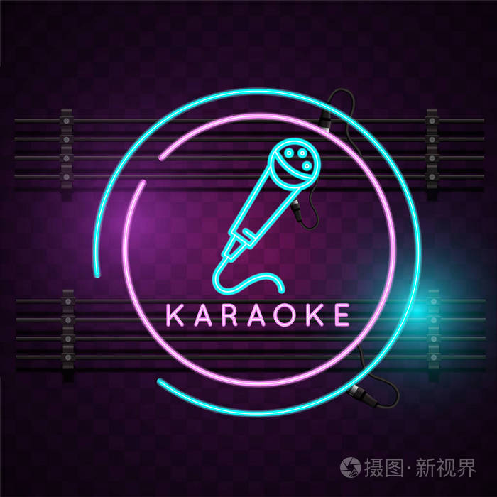 卡拉ok 霓虹灯麦克风标志背景矢量图像