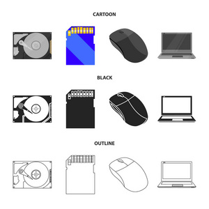 电脑鼠标, 笔记本电脑等设备。个人计算机集合图标在卡通, 黑色, 轮廓风格矢量符号股票插画网站