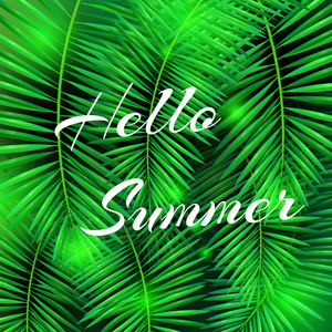 您好夏季排版设计与抽象形式的剪纸和热带树叶。横幅, 卡片, 海报模板。矢量插图