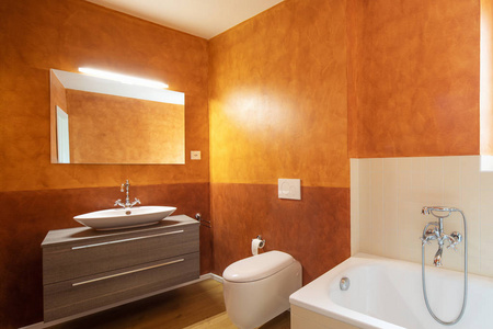 浴室配有现代化的装饰和橙色的墙壁。里面没人